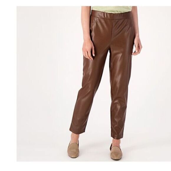 NWT Isaac Mizrahi Plus Size Brown Faux Croc Leather Ankle Pant - Size 28 - Picture 1 of 6